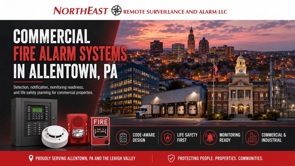 Commercial fire alarm systems in Allentown, PA with Allentown skyline background, warehouse loading docks, commercial buildings, fire alarm control panel, smoke detector, horn strobe, pull station, and Northeast Remote Surveillance and Alarm LLC branding.