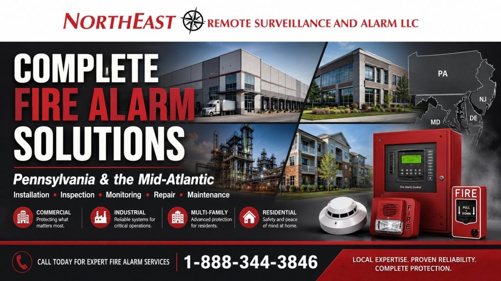 Complete fire alarm solutions in Pennsylvania and the Mid-Atlantic for commercial, industrial, multi-family, and residential properties with fire alarm control panel, smoke detector, pull station, notification device, and Northeast Remote Surveillance and Alarm LLC branding.