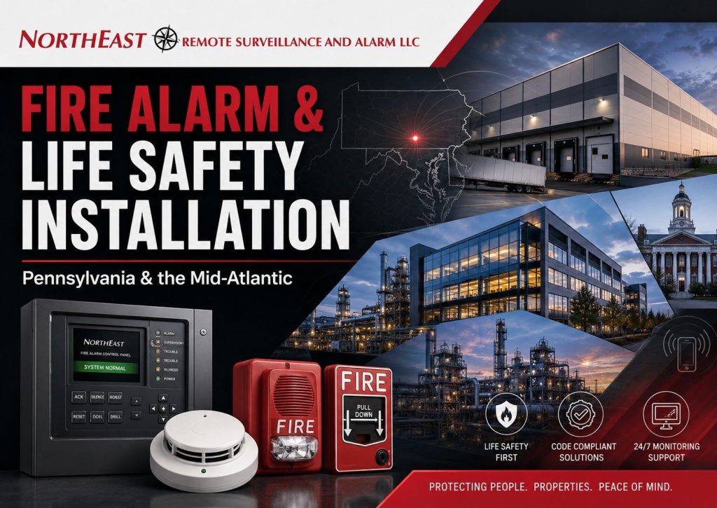 Fire alarm and life safety installation in Pennsylvania and the Mid-Atlantic with commercial buildings, industrial facilities, fire alarm control panel, smoke detector, horn strobe, pull station, and Northeast Remote Surveillance and Alarm LLC branding.